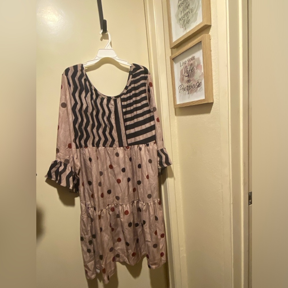 Polka Dot and Stripes Dress. Tan, Brown, Black dots and stripes